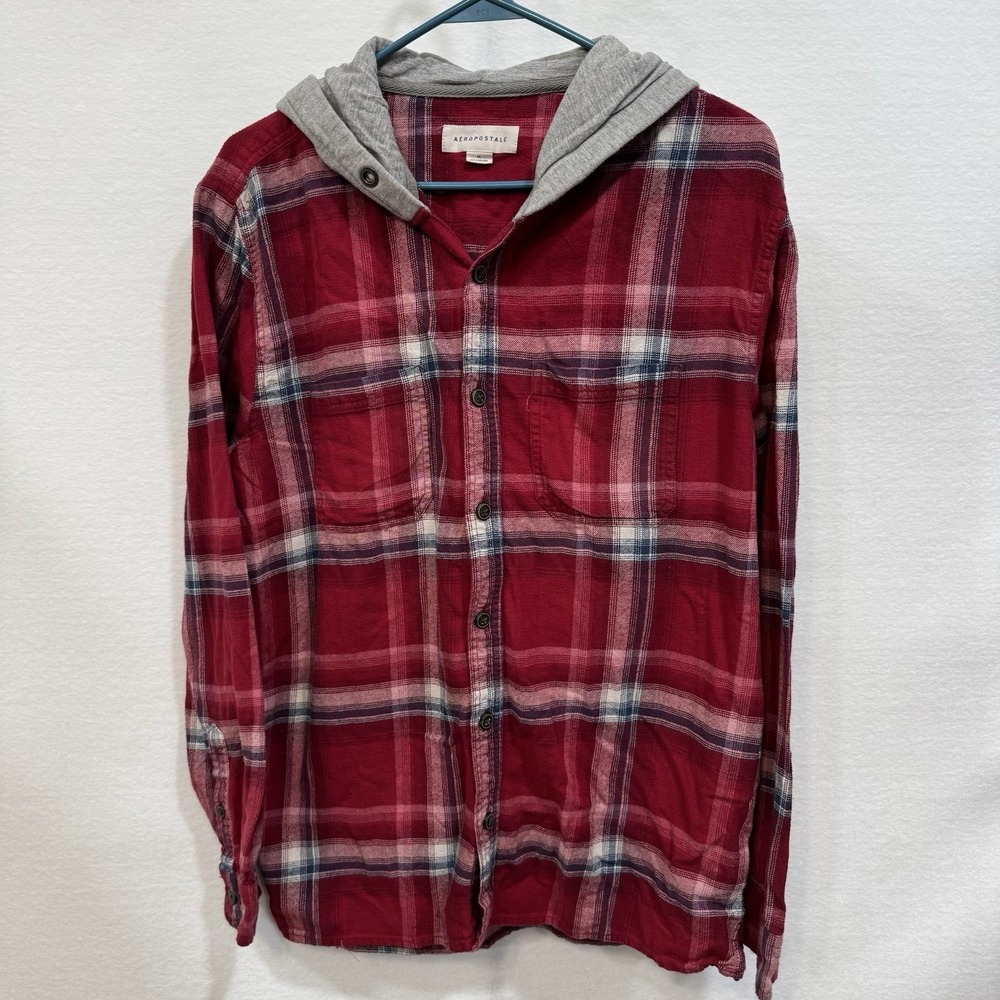 Aeropostale Men's Plaid Button-Up Shirt‎ with Hood Medium